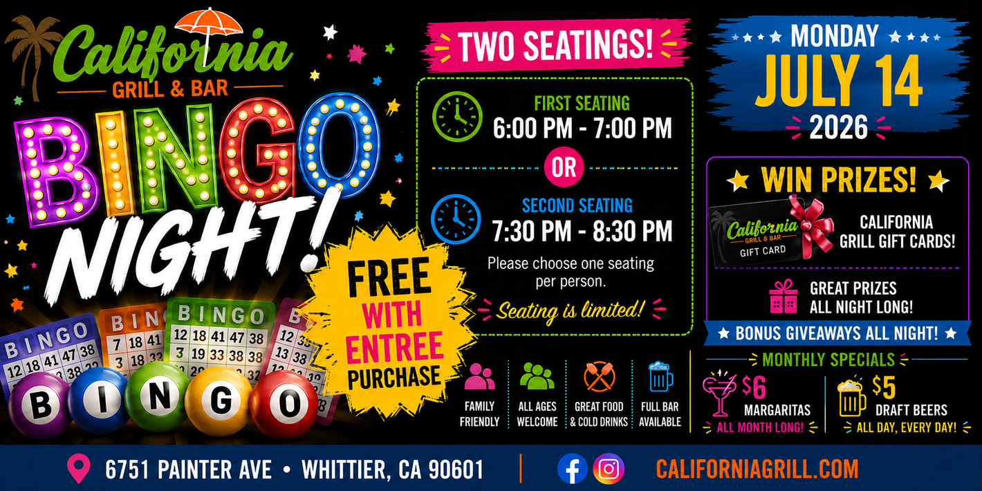 California Grill & Bar event promotion banner in Whittier, CA — Bingo Night, UFC watch parties, and happy hour specials