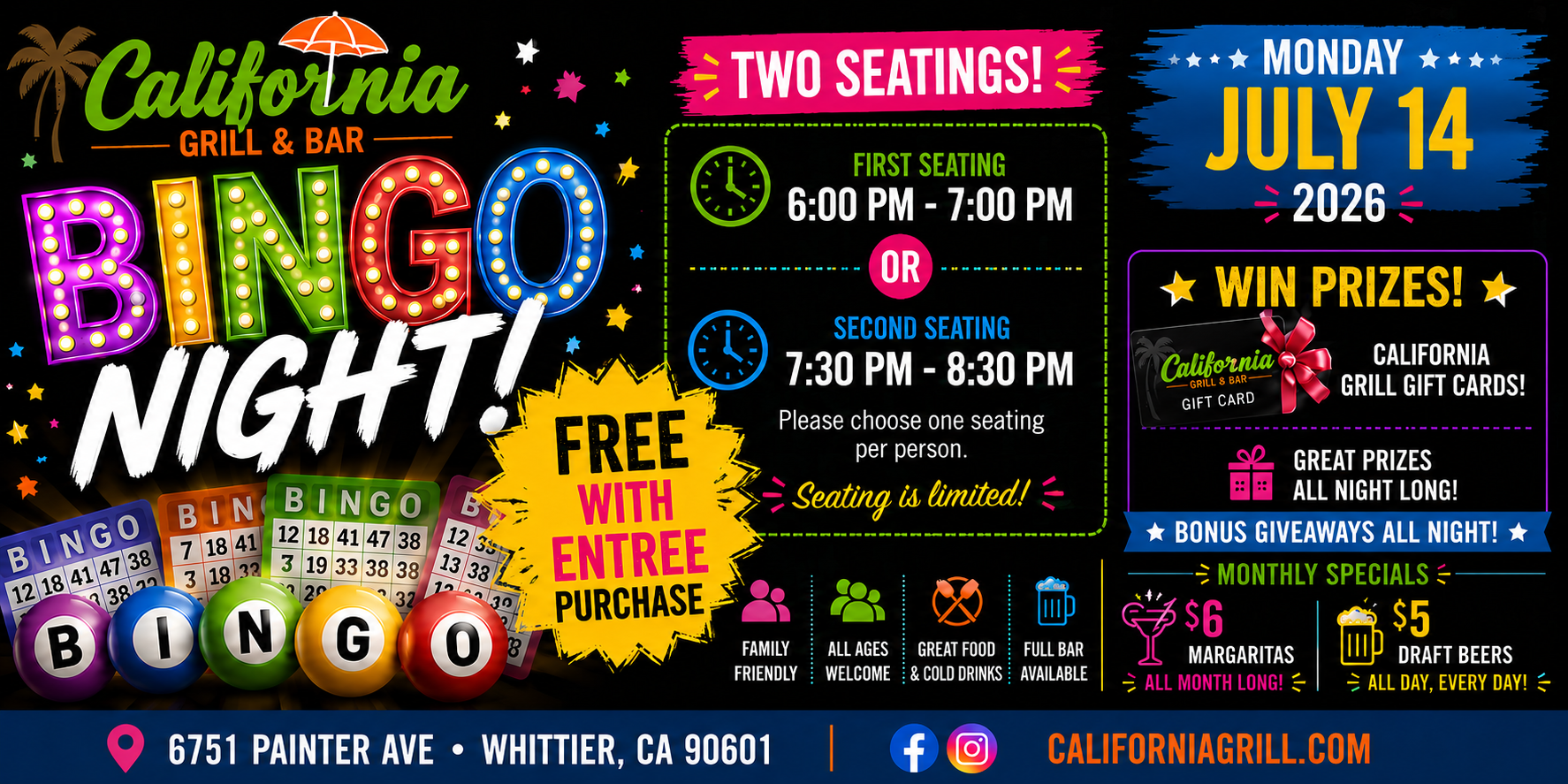 California Grill & Bar event promotion banner in Whittier, CA — Bingo Night, UFC watch parties, and happy hour specials